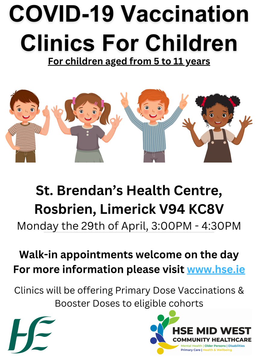 A #COVID19 Vaccination Clinic for children will be held in St Brendans Health Centre, Rossbrien, Limerick (V94 KC8V) TODAY,Monday the 29th of April from 3pm to 4:30pm. There is no requirement to book, all are welcome to attend our Walk-in clinic.