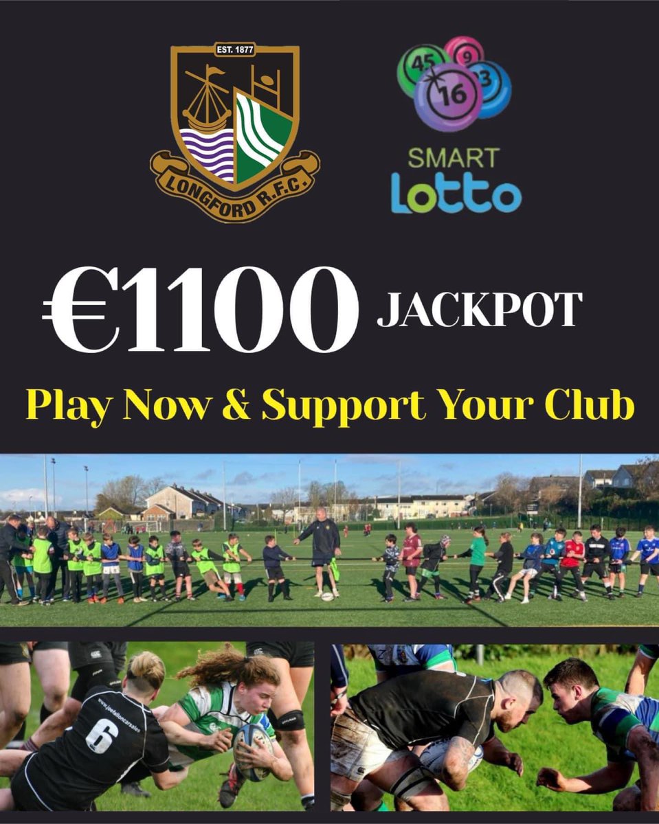LRFC’s Smart Lotto draw is tonight! Play to support your club and be in with a chance of winning the €1,100 jackpot. Sign up here: smartlotto.ie/longford-rfc/ Price per line - €2 3 lines for €5 6 lines for €10 Or, be in with a weekly chance to win and enter an annual draw!