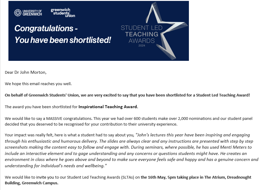 Extremely honoured to have been shortlisted for the 'Inspirational Teaching' award for @GRE_FLAS at the Student-Led Teaching Awards @greenwichsu @UniofGreenwich