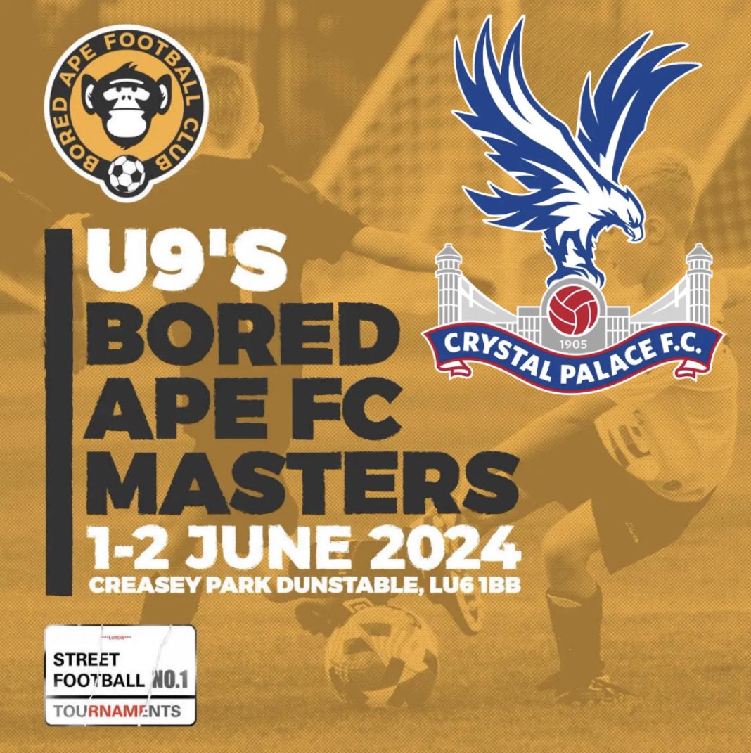 ‼️EXCLUSIVE‼️ We are delighted to announce that the Premier League Crystal Palace are attending the @BoredApe_FC Masters 2nd addition. Massive to have @CPFC in the u9’s event on June 1st and 2nd 2024 Do you want to play against Crystal Palace❓ get in touch now 🔥