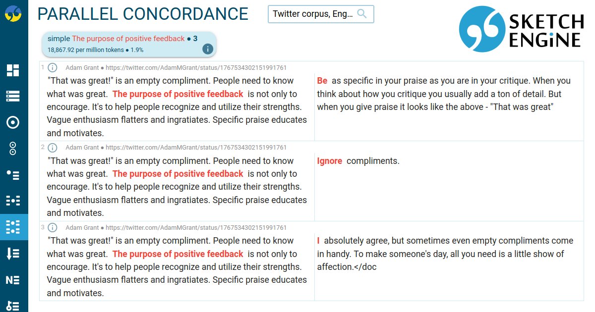 The authors of sciencedirect.com/science/articl… have found an interesting use of Sketch Engine parallel concordance for studying social media communication. In short, one corpus contains original posts, while the other the reactions. #corpuslinguistics #discourseanalysis #parallelcorpora