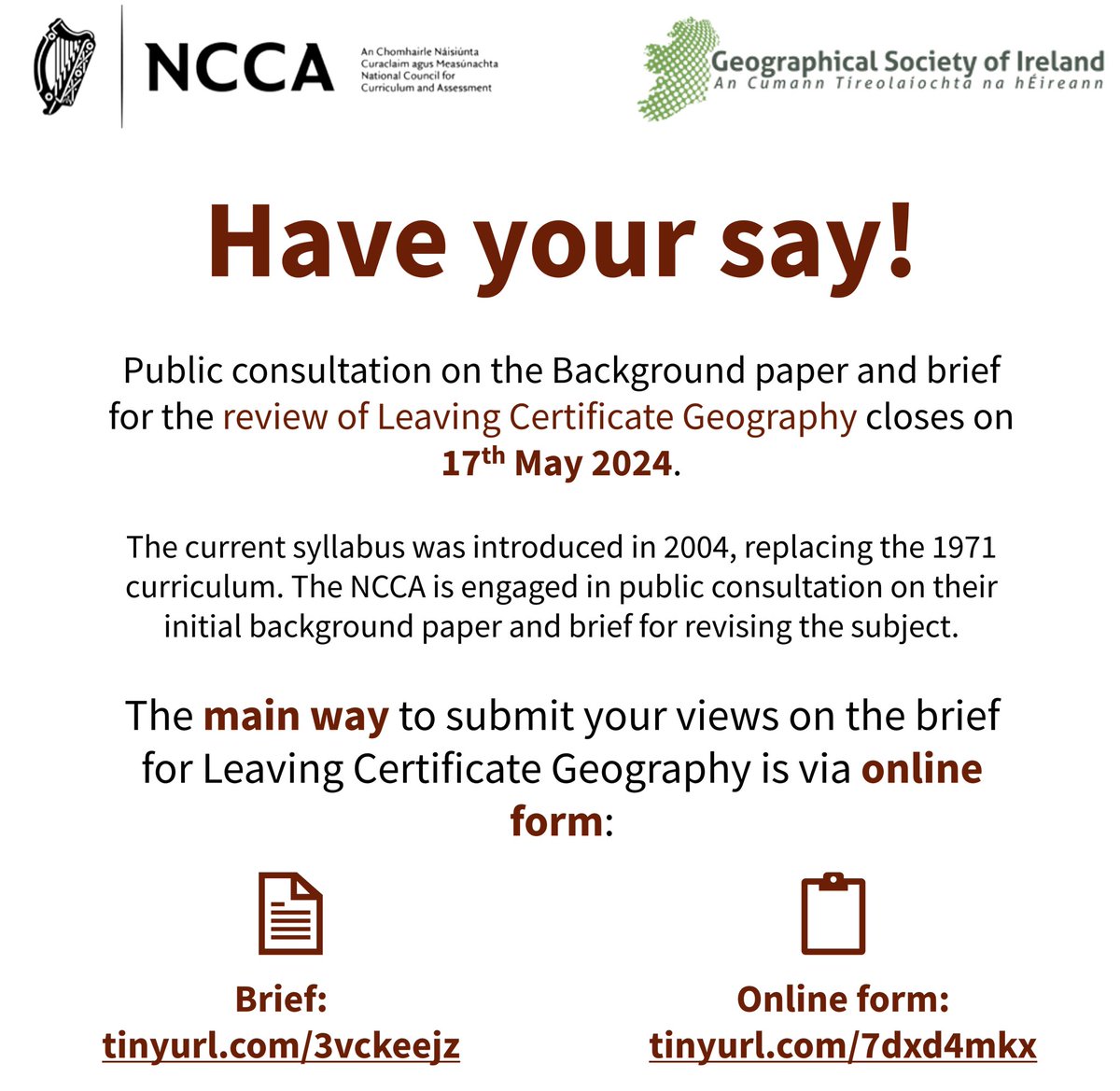 The NCCA consultation on their background paper and brief for the review of LC Geography is open til 17th May ⏳ Read the brief here: tinyurl.com/3vckeejz Have your say on the brief here: tinyurl.com/7dxd4mkx #geographyteacher #edchatie