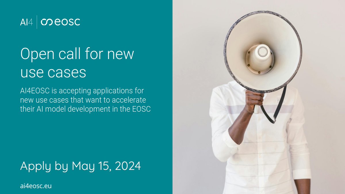 📢The deadline to apply for the AI4EOSC new use cases open call is extended until May 15th 2024, 11:59pm CEST! Develop solutions using AI (even on distributed data!), have access to resources such as CPUs and GPUs, use user-friendly IDEs... More info: ai4eosc.eu/use-cases/firs…