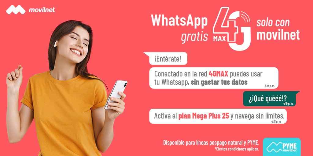 Disfruta lo nuevo con Movilnet.
😃
Conecta con el Plan Mega Plus 25, trae WhatsApp GRATIS por 6 meses sin consumir tus datos 😌

Disponible para líneas pospago natural y PYME. 
Para adquirirlas ve a las Oficinas de Servicios y Atención al Cliente.
#VenezuelaPaísDeEsfuerzoPropio