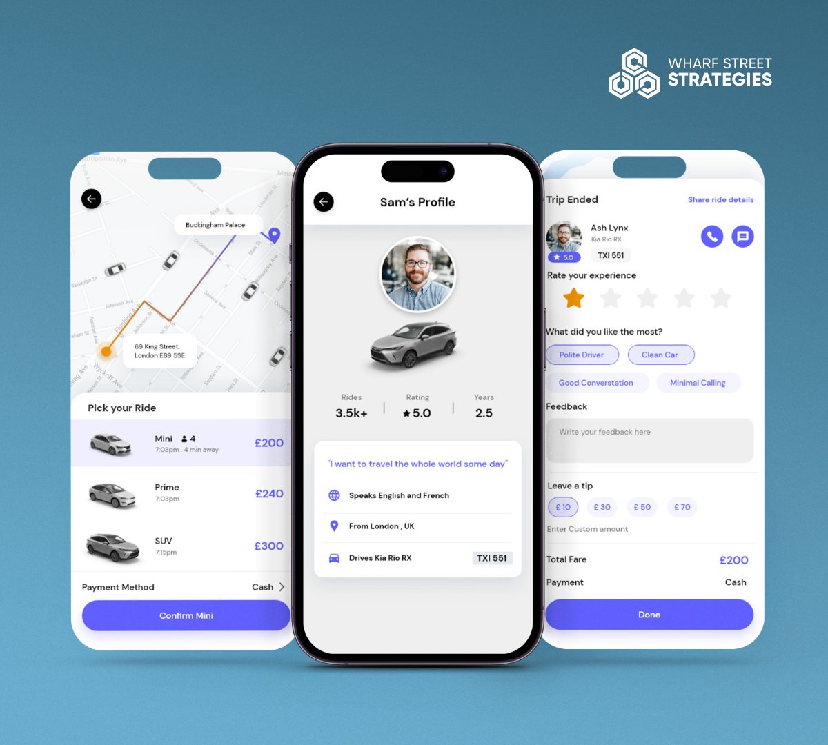 Mobile App UI/UX design | Profile | Pick Up Ride | Trip End The design brings content into focus; design makes function visible. Contact us for more information at info@wharfstreetstrategies.com #wharfstreet #askwss #ui #ux #uidesign #uiux #uiuxdesign #uxdesign #uxdesigner