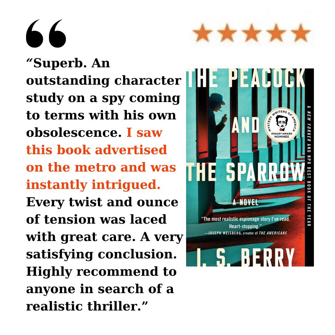 This made my day. A great @goodreads review from a reader who saw THE PEACOCK AND THE SPARROW on the DC metro! 🦚 🚇 @wmata @OUTFRONTMEDIAUS @AtriaMysteryBus @AtriaBooks @simonschuster @ITWDebutAuthors

goodreads.com/review/show/64…