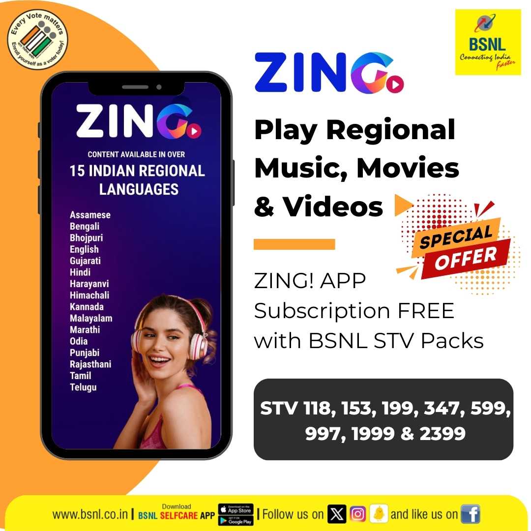 Tune into the beats of your region with #Zing! Exclusive access awaits with select #BSNL prepaid plans. Download #BSNLSelfcareApp Google Play: bit.ly/3H28Poa App Store: apple.co/3oya6xa #BSNLOnTheGo #BSNL #DownloadNow #SpecialOffer
