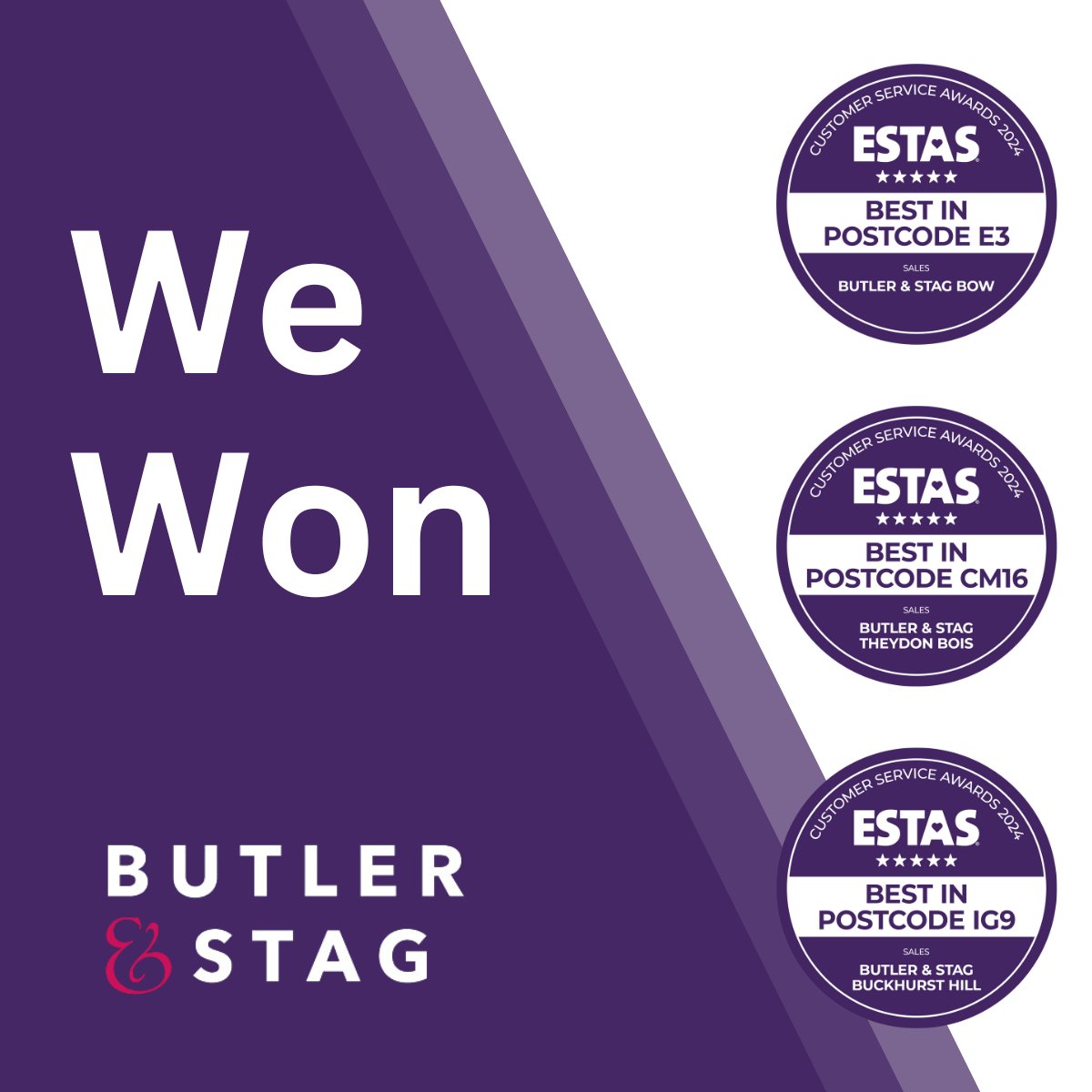 Thrilled to announce that we have won the prestigious ESTAS award for best in postcode and excellence in all three of our office locations - Theydon Bois, Buckhurst Hill, and Bow! 

#ESTASWinner #BestInPostcode #ExceptionalService #ItsWhatWeDo