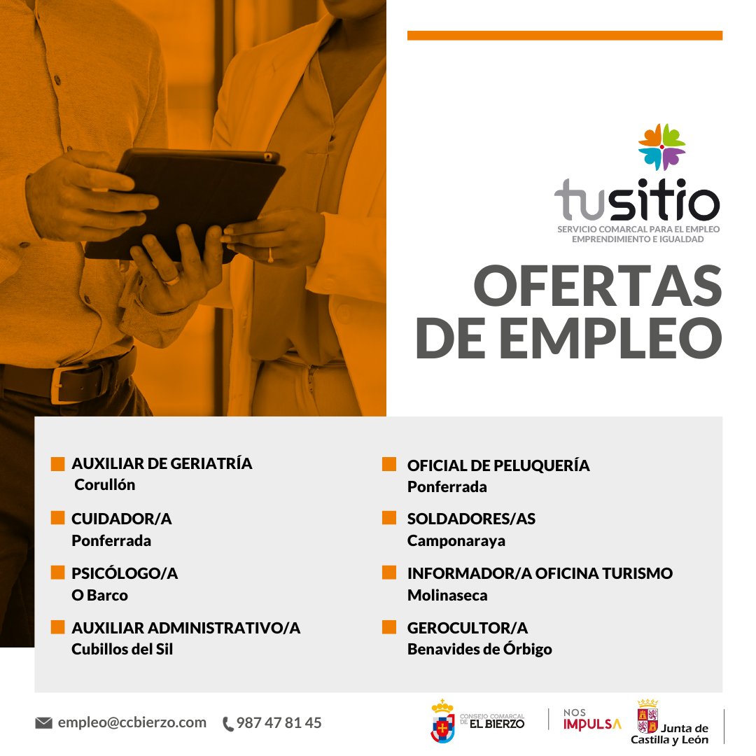 📢Compartimos las últimas ofertas de empleo. Si buscas trabajo, no te las pierdas. Más detalles Tusitio.org. Las empresas interesadas en publicar sus ofertas pueden contactar: empleo@ccbierzo.com 📞987 47 81 45. #ElBierzo #ofertasdeempleo