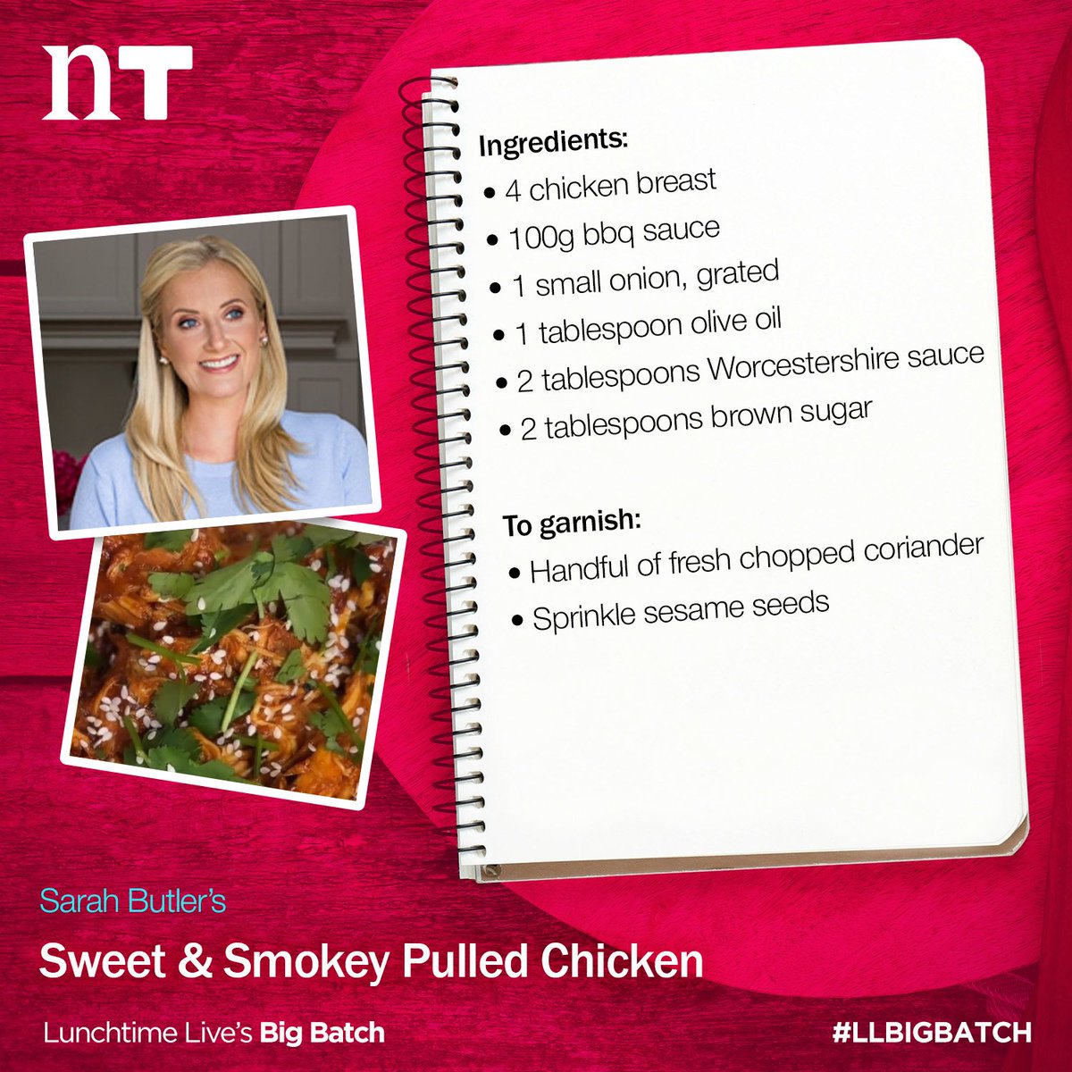 LunchtimeLiveNT's tweet photo. Here's the recipe for @ButlerPodcast's sweet &amp; smokey pulled chicken from today's show!

#LLBigBatch https://t.co/AaOu3p78EG