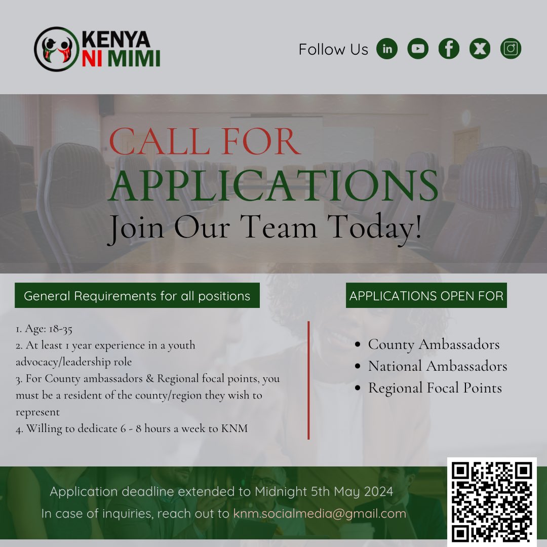 Twitter:
'🚨 Deadline Alert! 🚨 Kenya Ni Mimi application deadline extended! Submit your ideas for a sustainable future by May 5th at midnight. Apply now: bit.ly/KNMAmbassadorA… #KenyaNiMimi #YouthLeadership #DeadlineExtension'