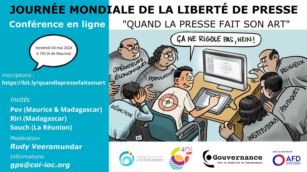 #WorldPressFreedomDay #journeemondialedelalibertedepresse ⏯️ Conférence en ligne sur 𝐋𝐞𝐬 𝐜𝐚𝐫𝐢𝐜𝐚𝐭𝐮𝐫𝐢𝐬𝐭𝐞𝐬 𝐞𝐭 𝐝𝐞𝐬𝐬𝐢𝐧𝐚𝐭𝐞𝐮𝐫𝐬 𝐝𝐞 𝐩𝐫𝐞𝐬𝐬𝐞 ! 📅 03 mai à 15h -H de 🇲🇺 Inscriptions : bit.ly/quandlapressef… #projet_GPS, avec le soutien de @AFD_France