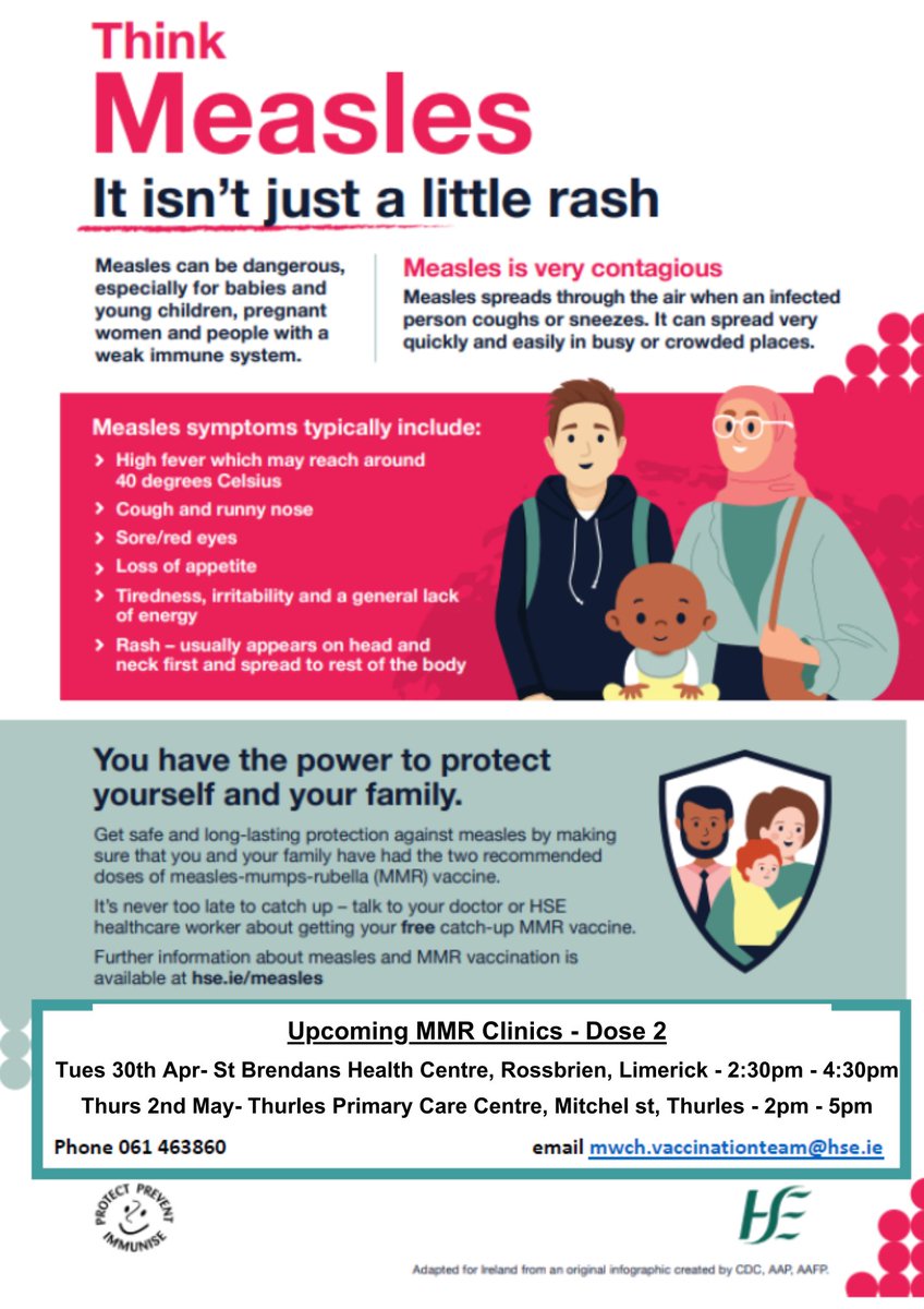 Measles is a highly infectious viral illness which can be dangerous for some people. If you require your second MMR vaccination, The details of the upcoming MMR clinics in Limerick and Clare can be seen below. You can just walk in or you can book here: www2.hse.ie/services/mmr-v…