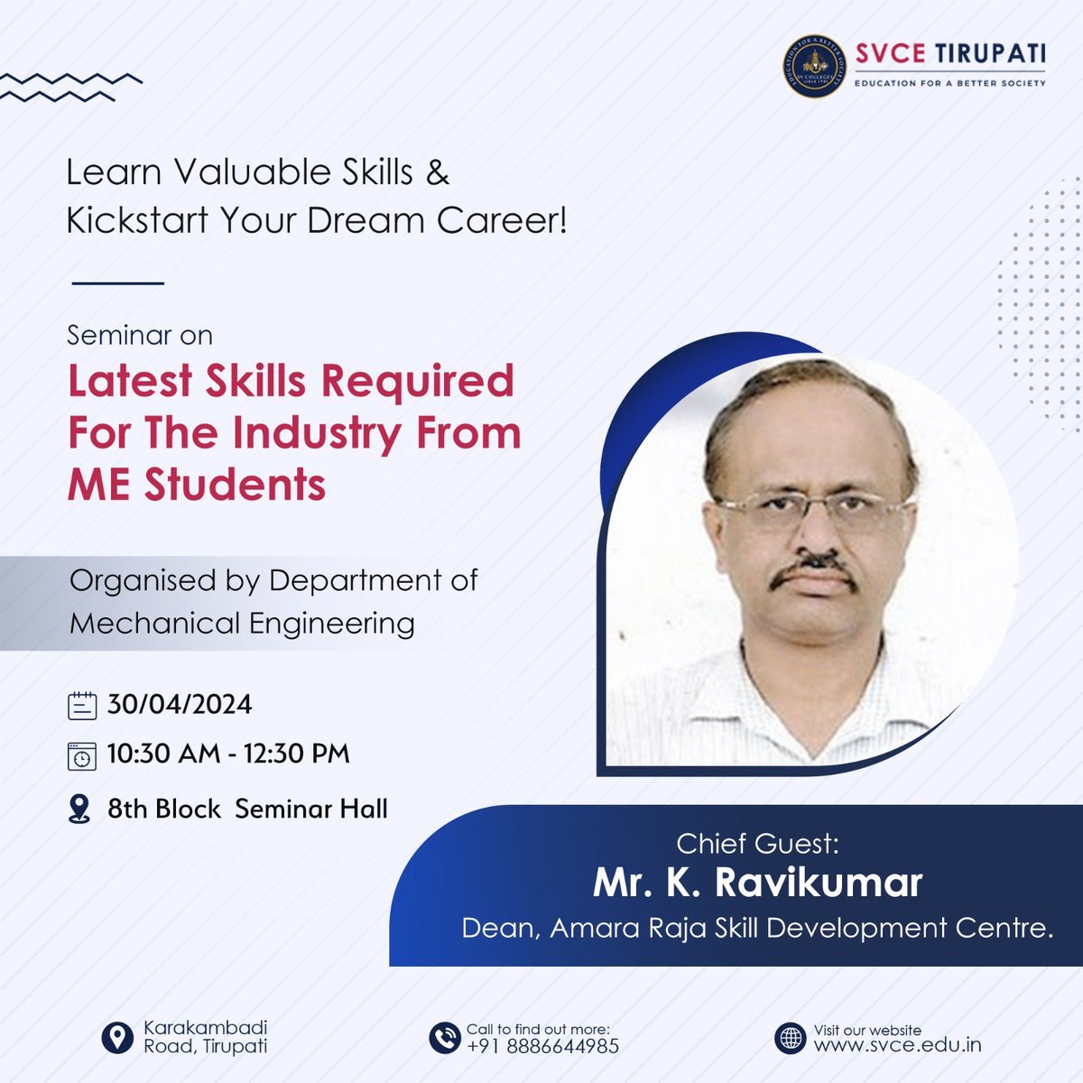 Join our ME student seminar on essential skills for mechanical industries. Learn about current requirements, transition strategies, and professional development opportunities.
See you there!

#SVCE  #mechanicalengineering #skilldevelopment #seminar #dreamcareer