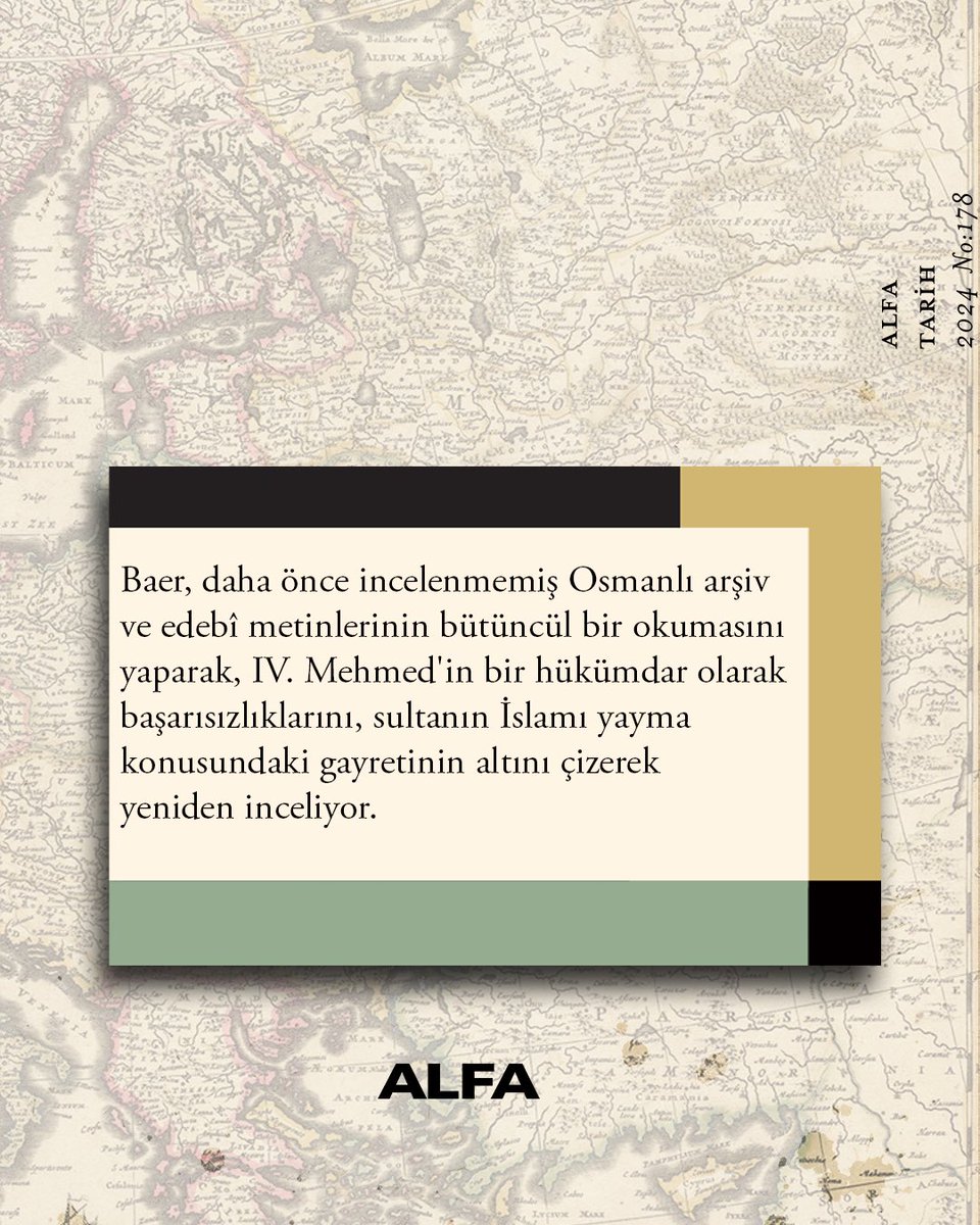 #Yeni 📚 Baer, daha önce incelenmemiş Osmanlı arşiv ve edebî metinlerinin bütüncül bir okumasını yaparak, IV. Mehmed'in bir hükümdar olarak başarısızlıklarını, sultanın İslamı yayma konusundaki gayretinin altını çizerek yeniden inceliyor. 🌿 Çeviri: Ahmet Fethi Yıldırım…