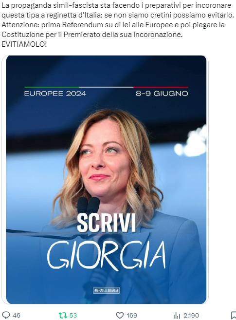 Dovete allertare l'opinione pubblica in una campagna pressante che scoperchi le vere intenzioni di questa #Despota. A tutti i @giornalisti, le #retilibere di questo paese, contrastiamola su tutto quello che lei cita come 'le cose fatte ' da questo governo e proposte di Ombra #PD