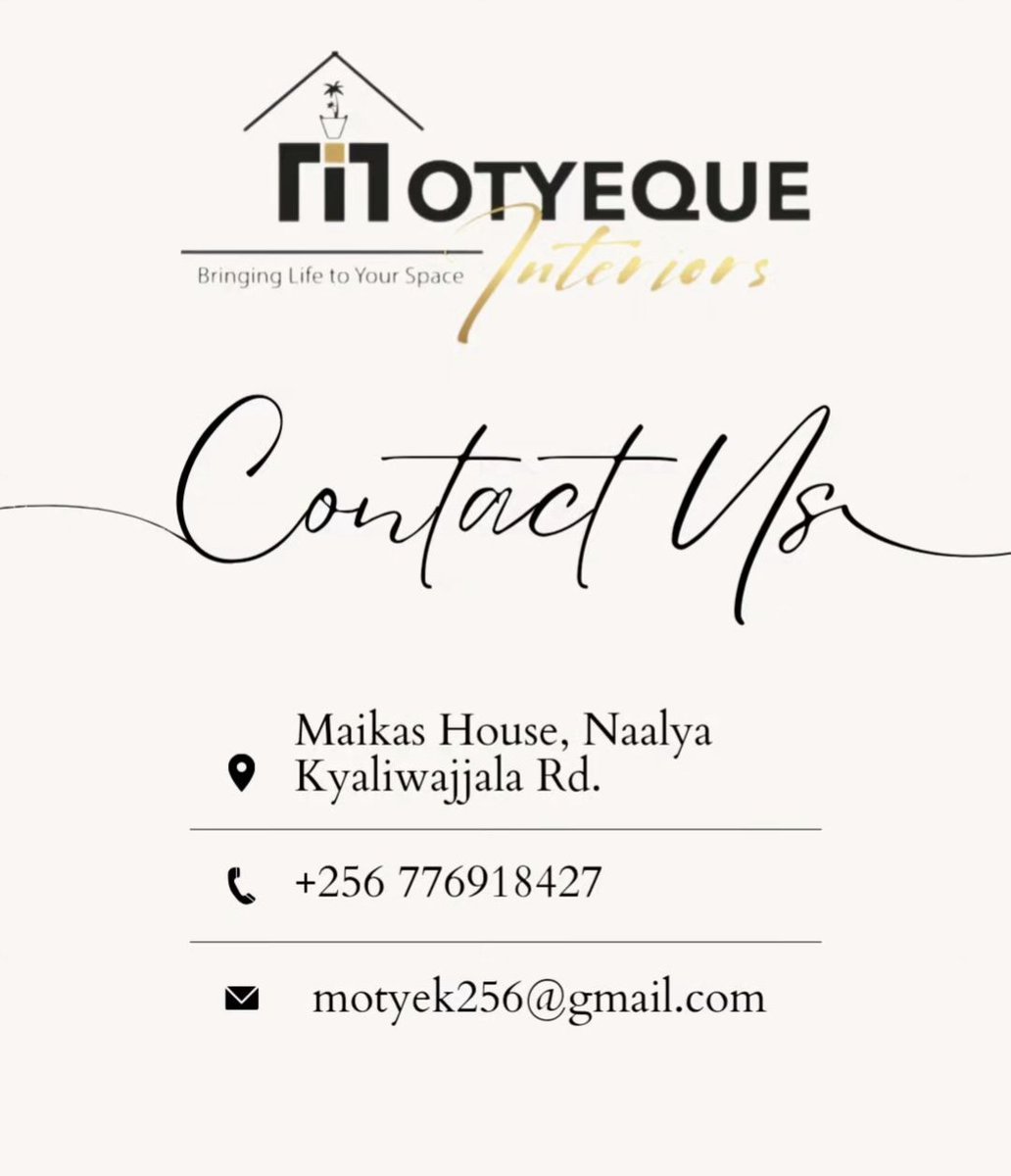 Looking to give your space a new look? Contact us today. We are located at Maikas House Naalya Kyaliwajjala Rd after Mogas fuel station, you can also Call/WhatsApp us on 0776918427.

#motyequeinteriors #interioedesigns #interiordecor #homedeco #officedecor