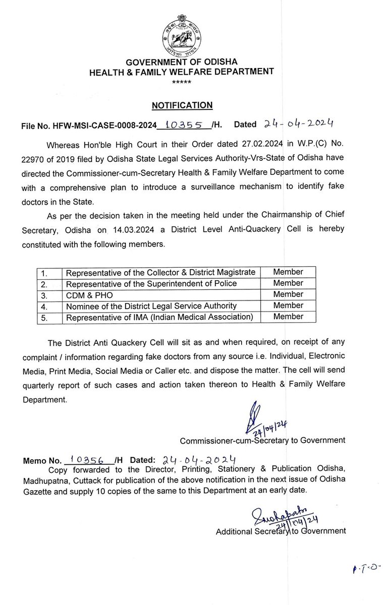 As per the order of Hon'ble High Court & as per the decision taken during a meeting held under the chairmanship of @SecyChief, a district level Anti-Quackery cell has been constituted with the members as mentioned below.