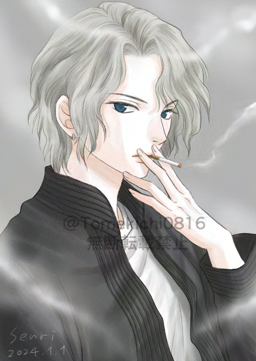 solo short hair blue eyes 1boy jewelry jacket grey hair  illustration images