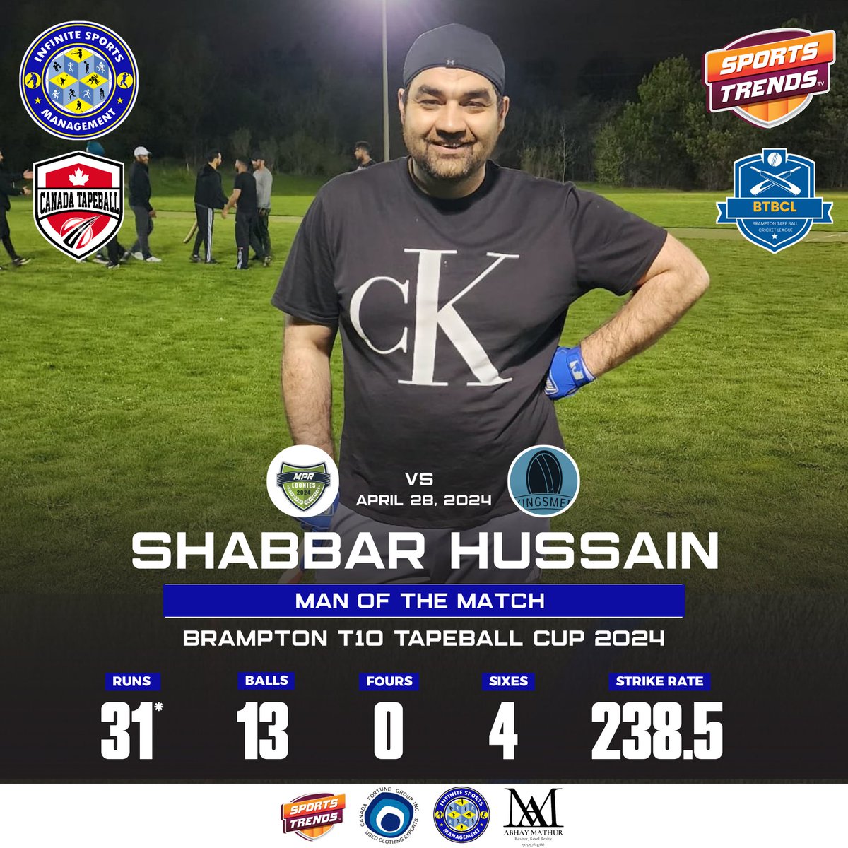 Shabbar Hussain - Man Of The Match in Canada Fortune - Brampton T10 TapeBall Cricket Cup 2024  🏆

#Cricket #BramptonT10TapeBallCricketCup #CanadaCricket #T10 #Tapeball #Brampton #SportsTrendsCan #SportsTrendsCanada