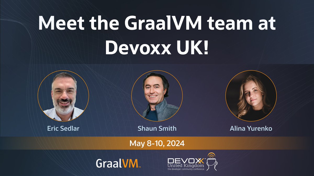 Join the @GraalVM team at @DevoxxUK next week!🚀 — 'Going AOT: Everything you need to know about GraalVM for Java applications': devoxx.co.uk/talk/?id=9351 — 'Improving Java Application Security with Practical Hardening Strategies': devoxx.co.uk/talk/?id=13248 — 'Next Generation Cloud