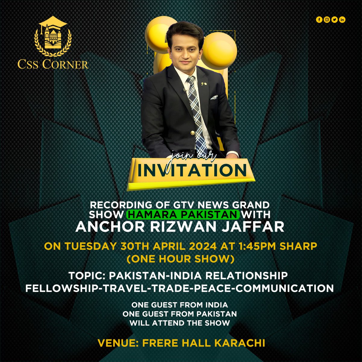 CSSCorner's tweet image. Join us at CSS Corner Frere Hall Campus! 'Hamara Pakistan' grand show with Anchor Rizwan Jaffar on GTV news, Tuesday, 30th April 2024 at 1:45pm sharp.
#css #csscorner #GTV #live #show #news #frerehall #karachi #tuesday