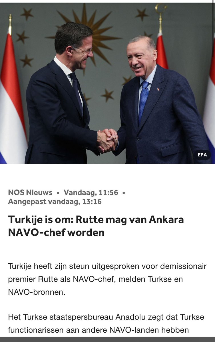 Helaas steunt Turkije Rutte, nu is de hoop gevestigd op Hongarije, Slowakije en Roemenië, hopen dat die stevig dwars gaan liggen, om te voorkomen dat Rutte navochef gaat worden🤮. #navo 

nos.nl/artikel/251860…