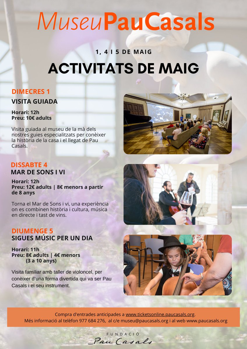 🗣 Aquest inici de maig vine a gaudir de les activitats programades del museu! 🔸️ Dc 01/05: Visita guiada 🔸️ Ds 04/05: Mar de sons i vi. Visita+tast de vins 🔸️ Dg 05/05: Sigues músics per un dia! Avtivitat familiar 👉🏼 Tota la info i reserves: paucasals.org/museu/activita…