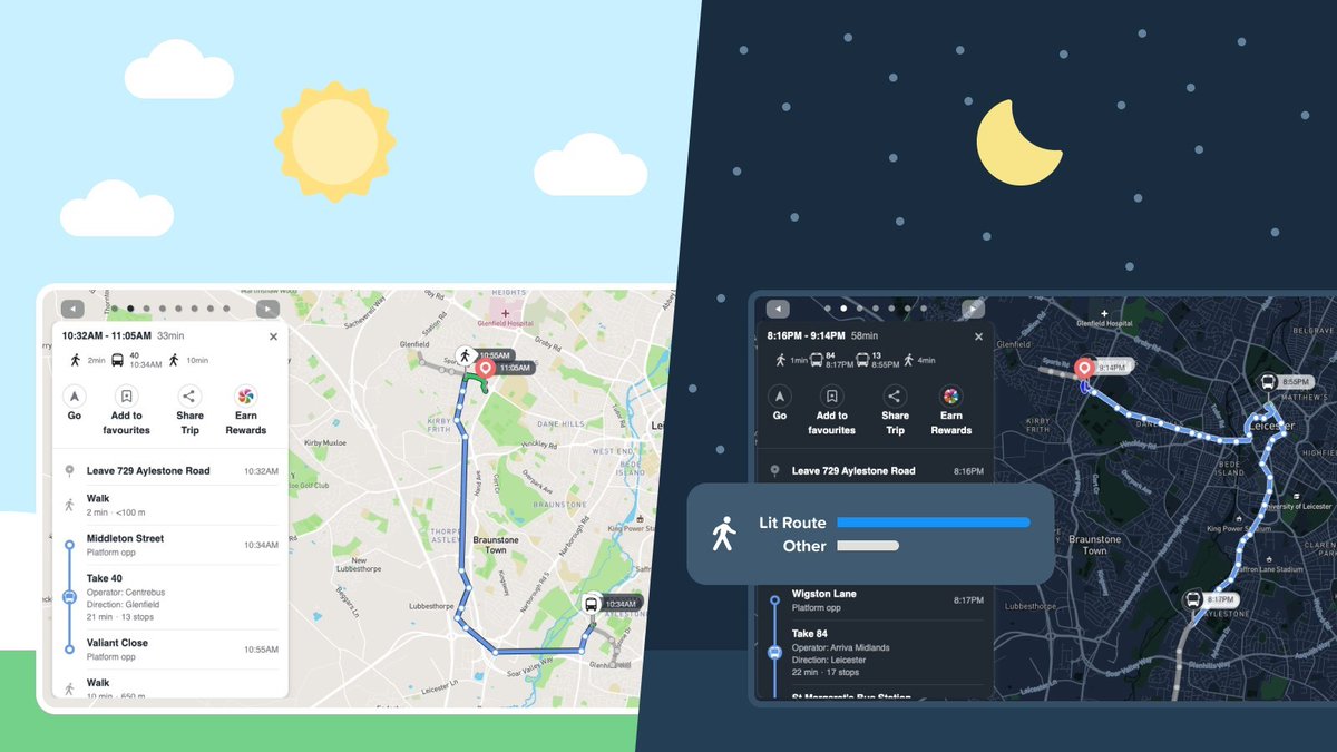 Leicester and mobility tech firm SkedGo team up to inform night-time pedestrians about how much of their journey is covered by street lighting and CCTV. 👉 cities-today.com/leicester-upda… @Leicester_News @SkedGo #MaaS #urbanmobility #publicsafety