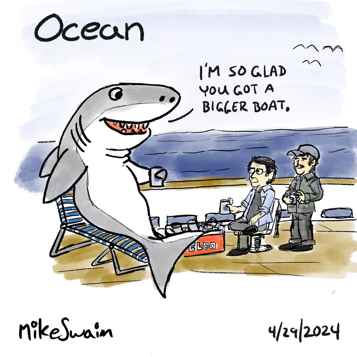 O is for #ocean for this week’s #AnimalAlphabets. Here is a great white shark hanging out with his buds enjoying some brews on the open ocean. @AnimalAlphabets #shark #greatwhiteshark #jaws #brews #art #drawing #illustration #comic #webcomics #stevenspielberg #amityisland