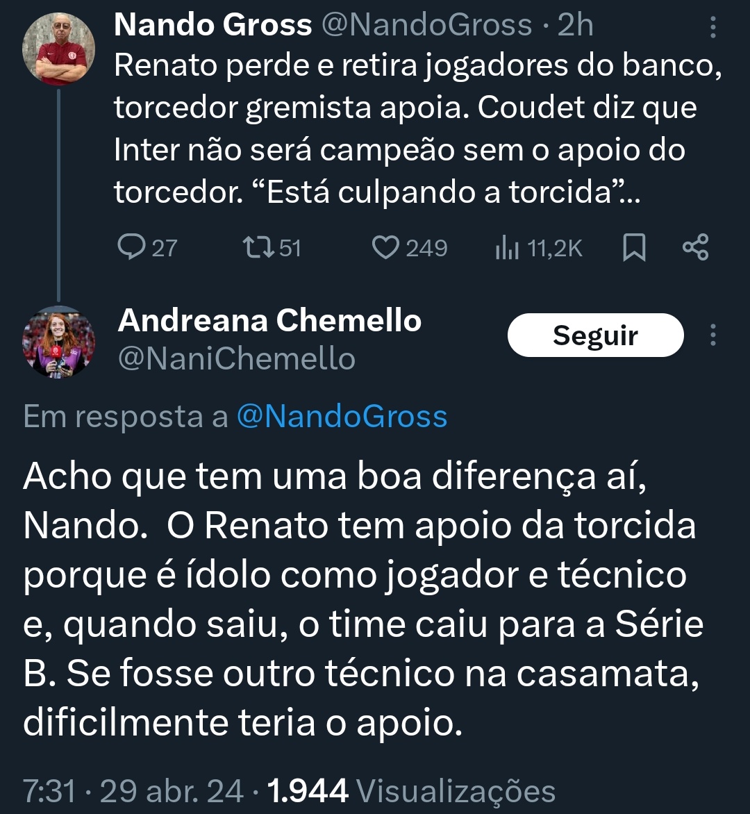 Eu respeito muito essa guria. Entende muito de futebol, nao fica fazendo análise com o olho do c# como uns por ai, e não entra em bolha, é sensata. Parabéns, @NaniChemello.