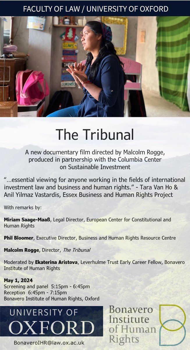 Screening on Wed, May 1 at @UniofOxford's Bonavero Institute of Human Rights @BonaveroIHR, with moderator @EkatAristova and @SaageMaass of @ECCHRBerlin and @pbloomer of @BHRRC. The mission - untangling the web of ISDS, environment, human rights and climate. #bizhumanrights