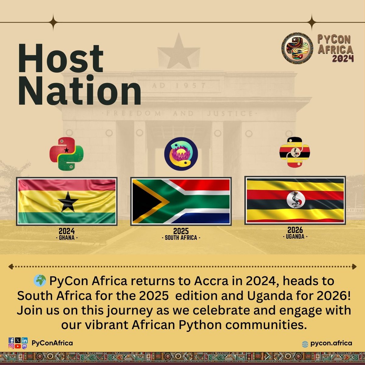 🎉 Big news, Pythonistas! 🐍 We've got some updates: #PyConAfrica is back, and we're kicking off in Accra again before heading south to South Africa in 2025 and then catching the beat in Uganda in 2026! Let's gear up for a Pythonic journey like no other! #PyConAfrica2024