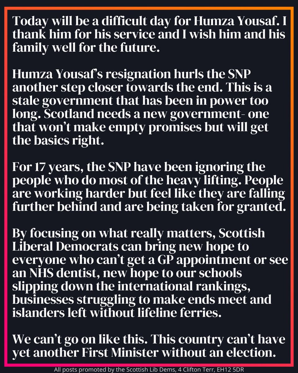 Our statement on Humza Yousaf's resignation as First Minister. For 17 years, the SNP have been ignoring the people who do most of the heavy lifting. Scotland needs a new government- one that won’t make empty promises but will get the basics right.