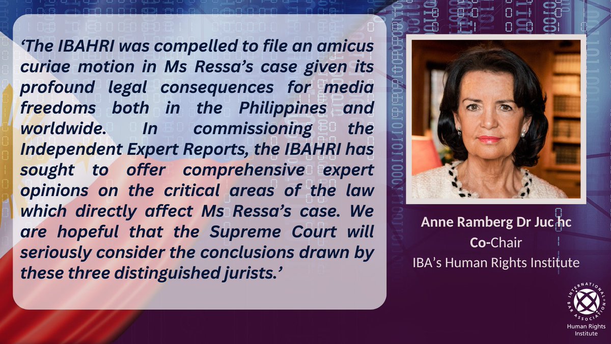 As the @UN World Press Freedom Day #WPFD23 approaches, 3 May, IBAHRI Co-Chair, Anne Ramberg Dr Juc hc comments on the influence that the amicus curiae motion, filed by the IBAHRI in the #MariaRessa and Reynaldo Santos Jr case, may have in the #Philippines and worldwide: