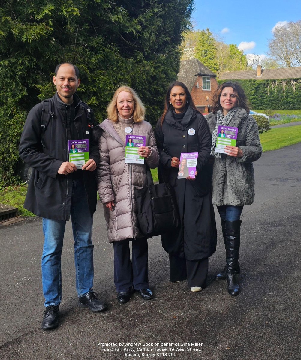 With trust in #ukpolitics at an all-time low, our @VoteTrueAndFair #GeneralElection2024 candidates are hard at work talking to people about how we aim to help and truly represent them
 
Some of my @GinaForEpsom Team and me canvassing in #Leatherhead #EpsomAndEwell
yesterday👇