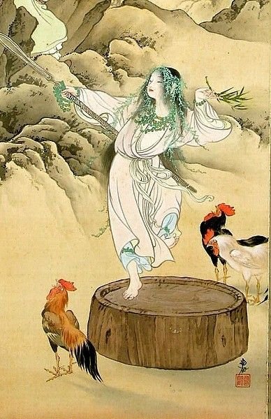 In Japanese mythology, Uzume is the goddess of the dawn. She was the one whose dancing helped to coax the sun goddess Amaterasu out of the cave she was hiding in, which then allowed light to return to the world. More below 👇 
#MythologyMonday #JapaneseFolklore