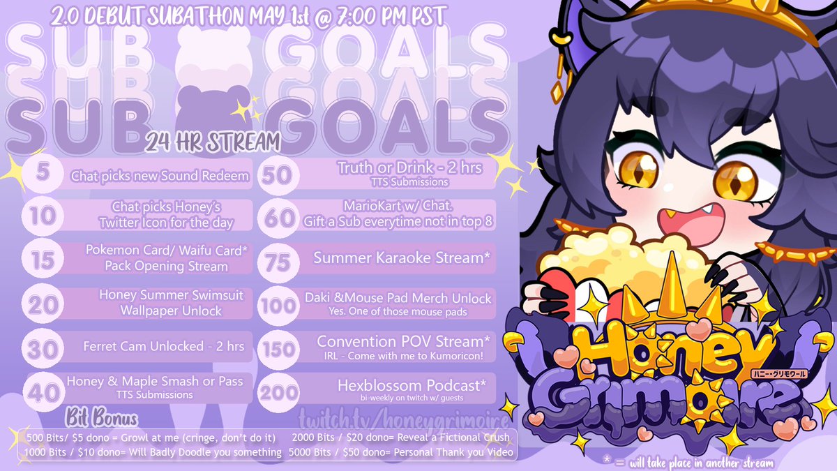 ✨💜Join me May 1st @ 7PM PST for my 2.0 MODEL DEBUT and FIRST SUBATHON💜✨ /honeygrimoire on Twitch!