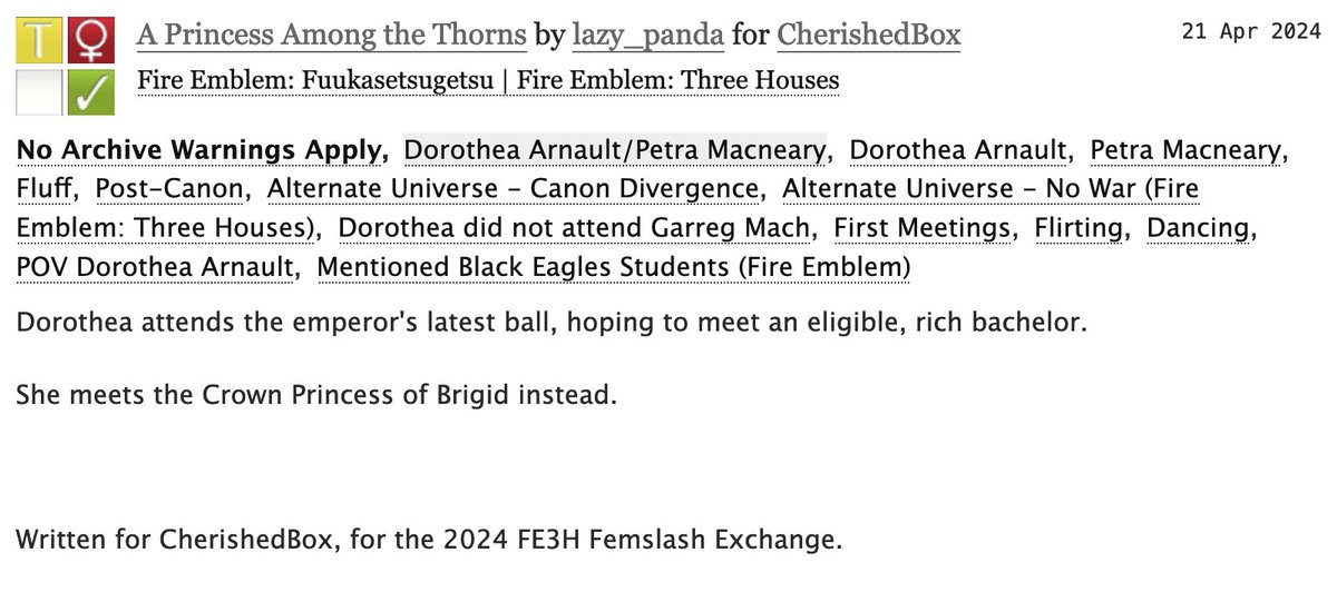 I wrote an alternate first meeting Doropetra pinch hit for CherishedBox for #fe3hfemslashex 
I loved writing two women flirting confidently (the dream!)
archiveofourown.org/works/55219771