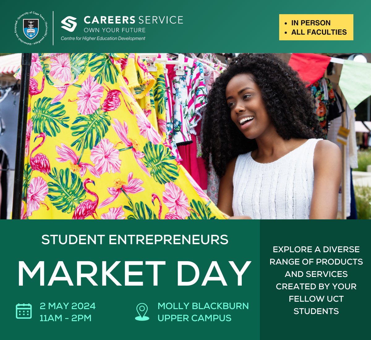 Explore a diverse range of products and services created by your fellow UCT students THIS THURSDAY, 2 May 2024 at Students Entrepreneurs Market Day. Visit all the stands in Molly Blackburn Foyer from 11am - 2pm. See you there!