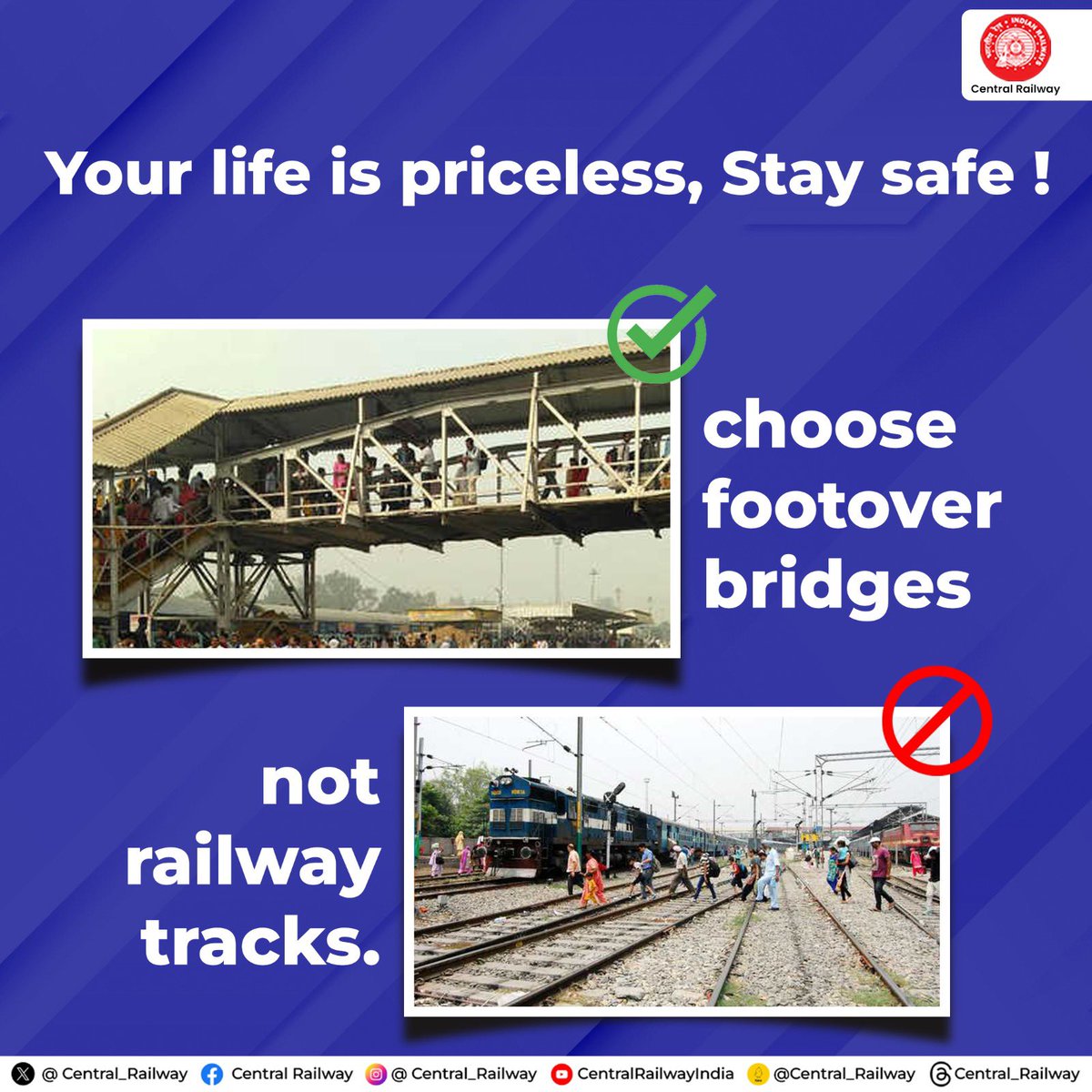Crossing Railway tracks is illegal and extremely dangerous. Prioritise safety, and use FOB for crossing Railway lines.
#CentralRailway #RailwayRules