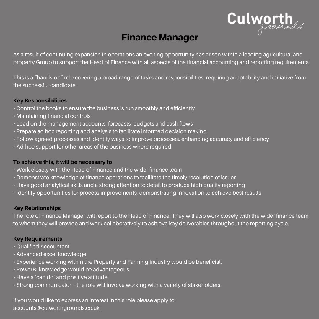 We are hiring a Finance Manager. Scroll for details and how to apply👇 #jobopportunity #finance #financemanager #property #agriculture #culworthgrounds