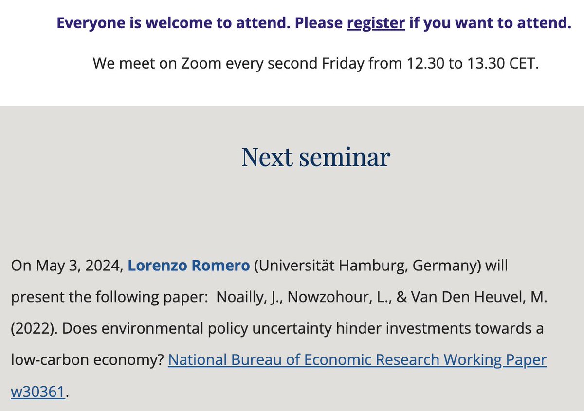 📢 #REGIS moves to 🇩🇪 with Lorenzo Romero presenting the @nberpubs paper by @JoelleNoailly, Laura & @Mat_vdH, a former #REGIS presenter! Does #environmental #policy uncertainty hinder investments towards a low #carbon economy? 🗓️ May 3, 12.30 pm CEST ➡️ regis.science
