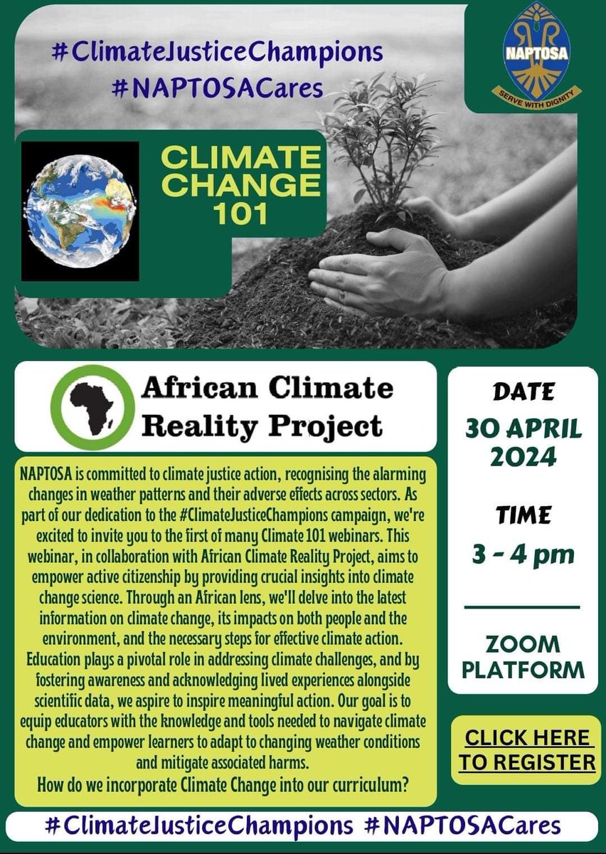 NAPTOSA is committed to Climate Justice action. Register NOW to join the first of many Climate Change 101 Webinars: docs.google.com/forms/d/e/1FAI… #ClimateJusticeChampions #NaptosaCares