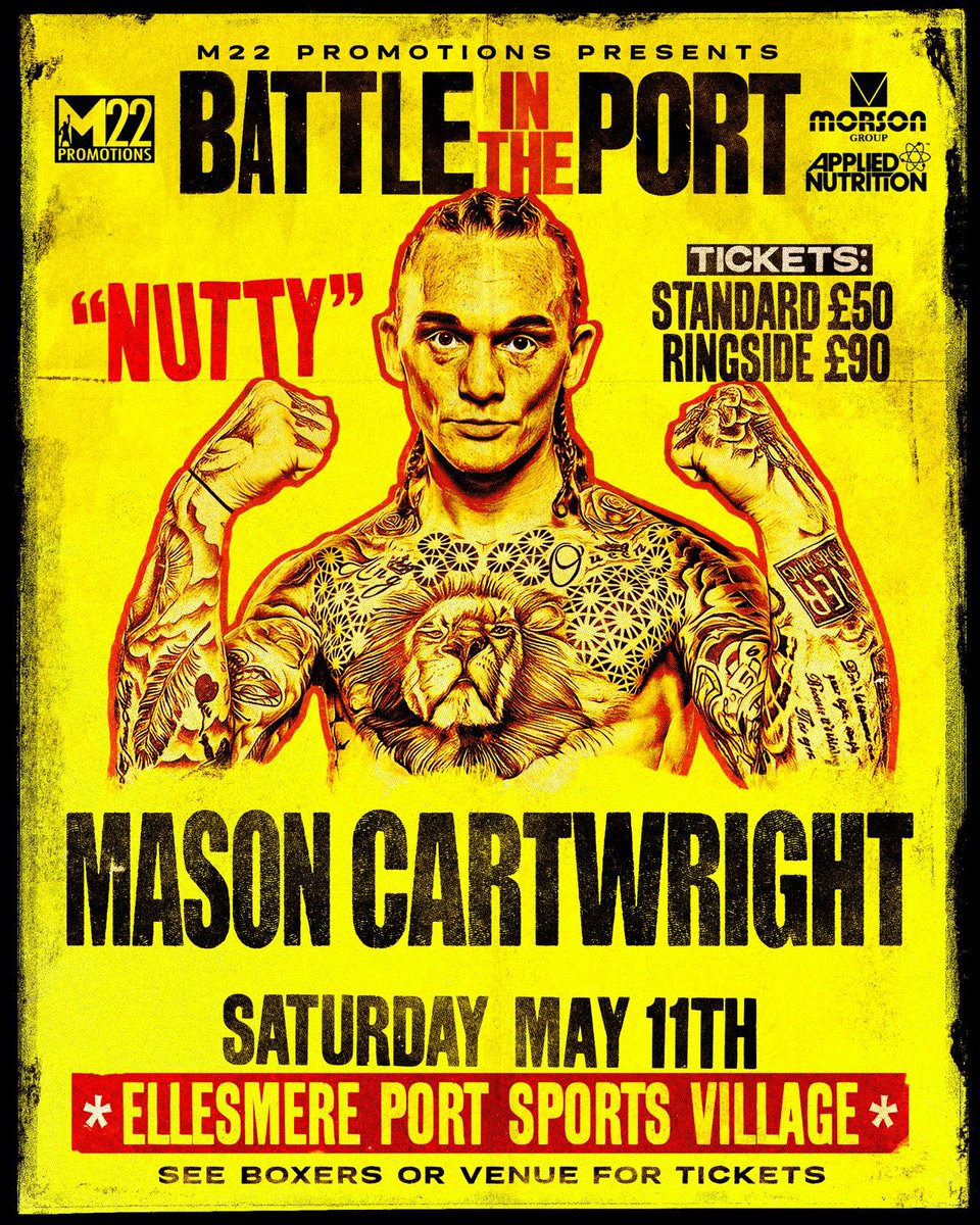 New addition to undercard 🥊 Mason Cartwright returns to the ring on 11.5.24 . Fresh after a win at the weekend on @vipboxing show Mason boxes again on Paul Butler World title fight , Battle in the port show . Tickets available from venue & fighters . #battleintheport #M22