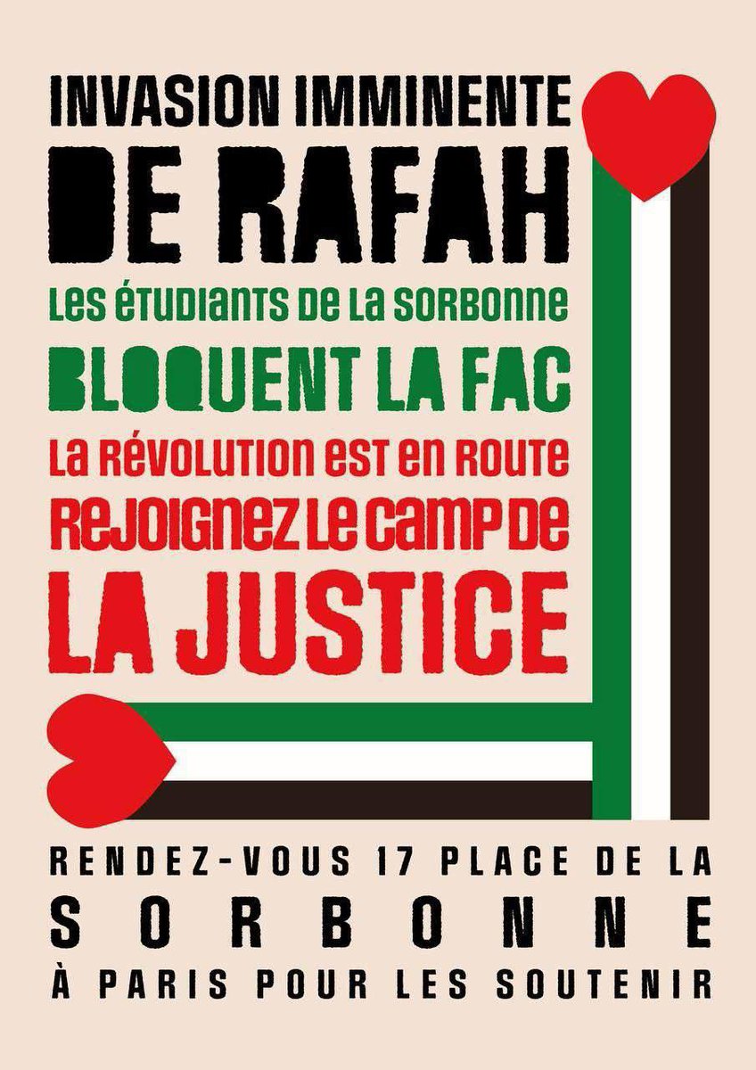 🇵🇸 Après #SciencesPo, soutien aux étudiants de la #Sorbonne ! Les suspects, les ambiguës, les extrémistes, les agités, les dangereux ne sont pas les partisans de la paix mais bien ceux qui, par leur silence, leur inaction, leur répression, leur judiciarisation du débat, se
