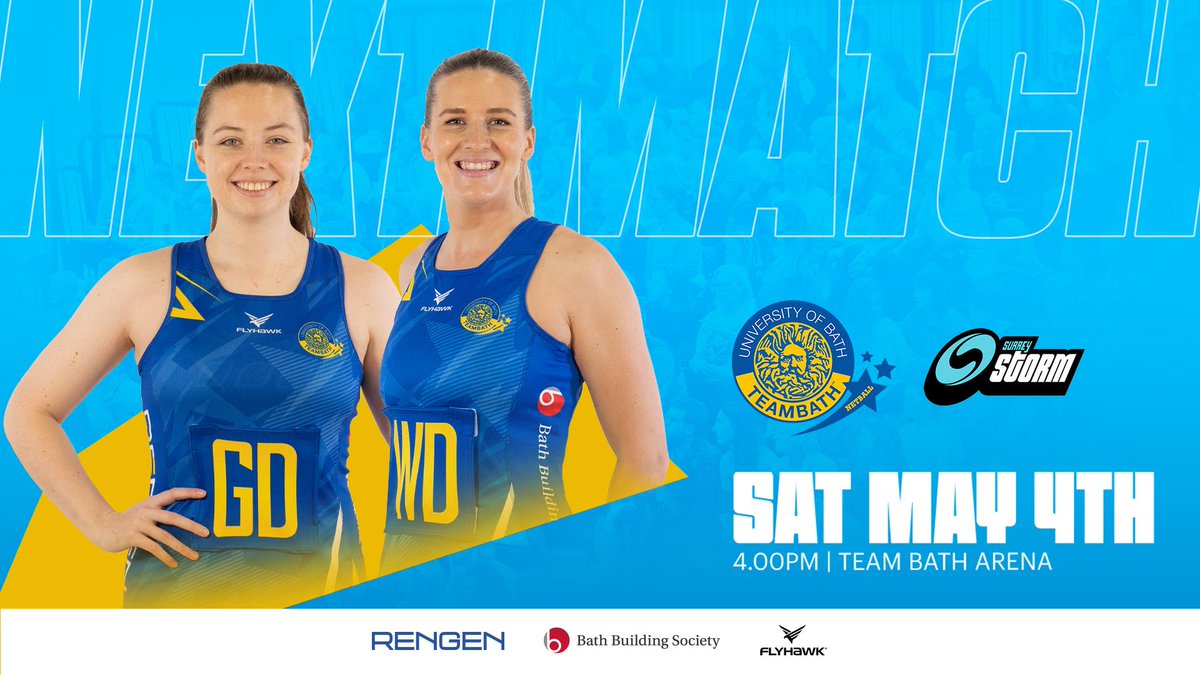 After two weeks away, the #BlueAndGold are back home this Saturday as we welcome @SurreyStorm to the #TeamBathArena 💙💛

Grab your tickets now 🎟️
netball.teambath.com/tickets/

@NetballSL #Netball #NSL2024 #ForwardsAndFearless #FearlessFridays #NextMatch