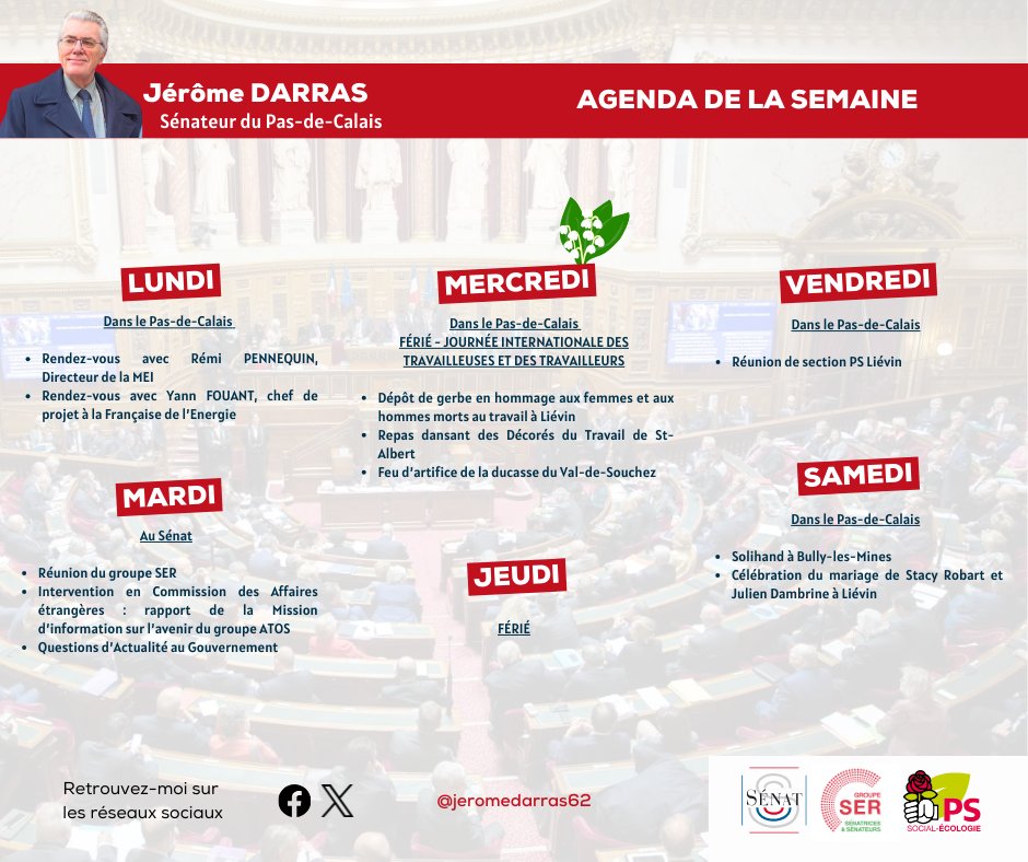 🗓️ Voici mon agenda de cette semaine. Bonne semaine à toutes et à tous ! 
#senat #agiravecvous #surleterrain #pasdecalais