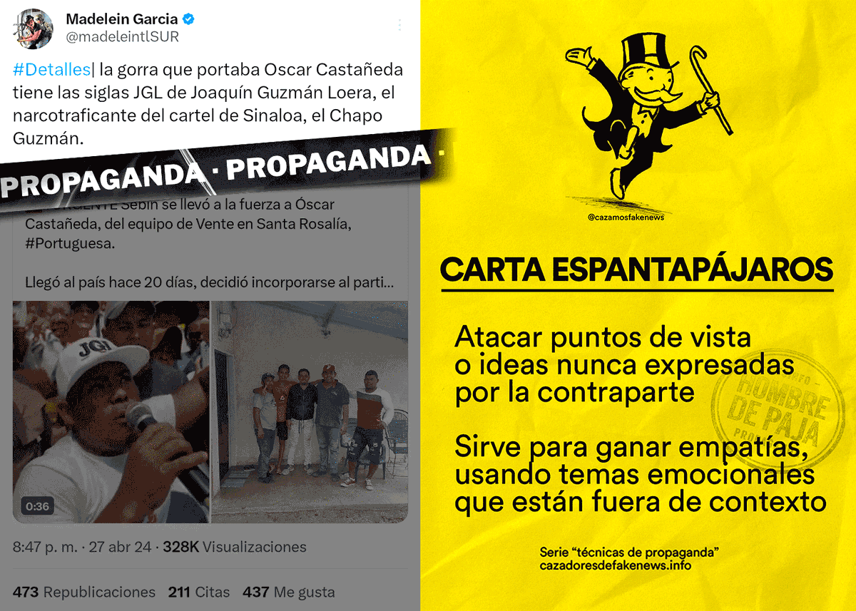 ⚠️ Usaron un espantapájaros para desviar la atención de la detención de Oscar Castañeda

Comunicadores y propagandistas hicieron énfasis en que un seguidor de <a href="/MariaCorinaYA/">María Corina Machado</a> que habló en Turén llevaba una gorra con las siglas de Joaquín Guzmán Loera, "El Chapo Guzmán".

Pocas