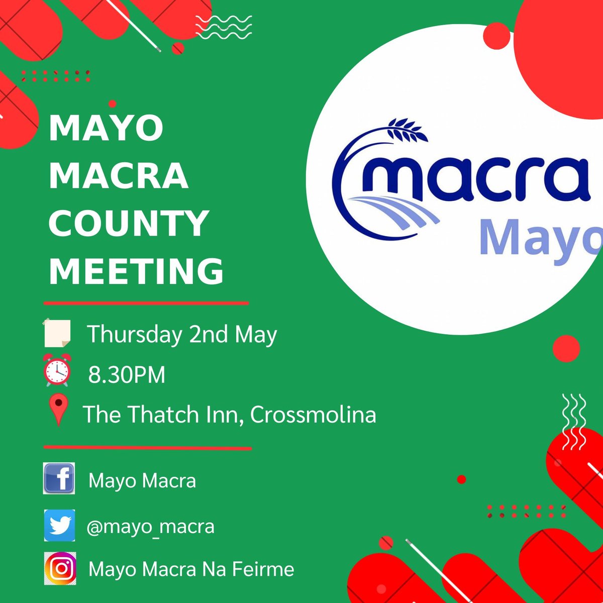 Mayo Macra (@mayo_macra) on Twitter photo Mayo Macra County Meeting this Thursday at 8.30pm in the Thatch Inn, Crossmolina, all welcome to join us! #macra Mayo Macra County Meeting this Thursday at 8.30pm in the Thatch Inn, Crossmolina, all welcome to join us! #macra
